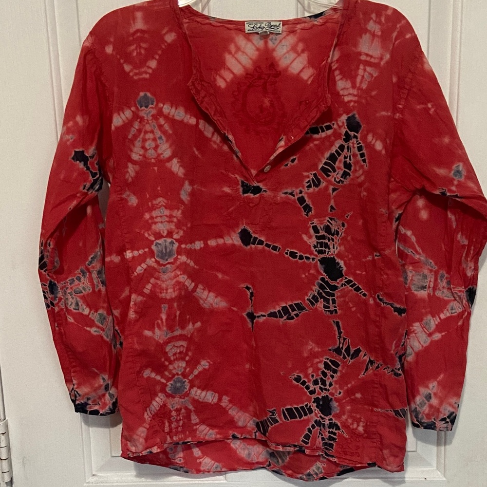 Lucky Brand Red and Black Tie-Dye Blouse